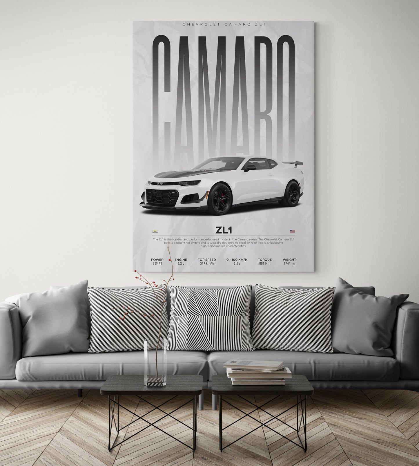 Explore modern home decor wall arts with our captivating Chevrolet Camaro sport car poster. Discover picture art that adds flair to your living space. Hand-painted details bring the essence of speed and style to your walls. Find inspiration for garden decor ideas wall arts and more at our home goods stores wall art collection online at essential walls.