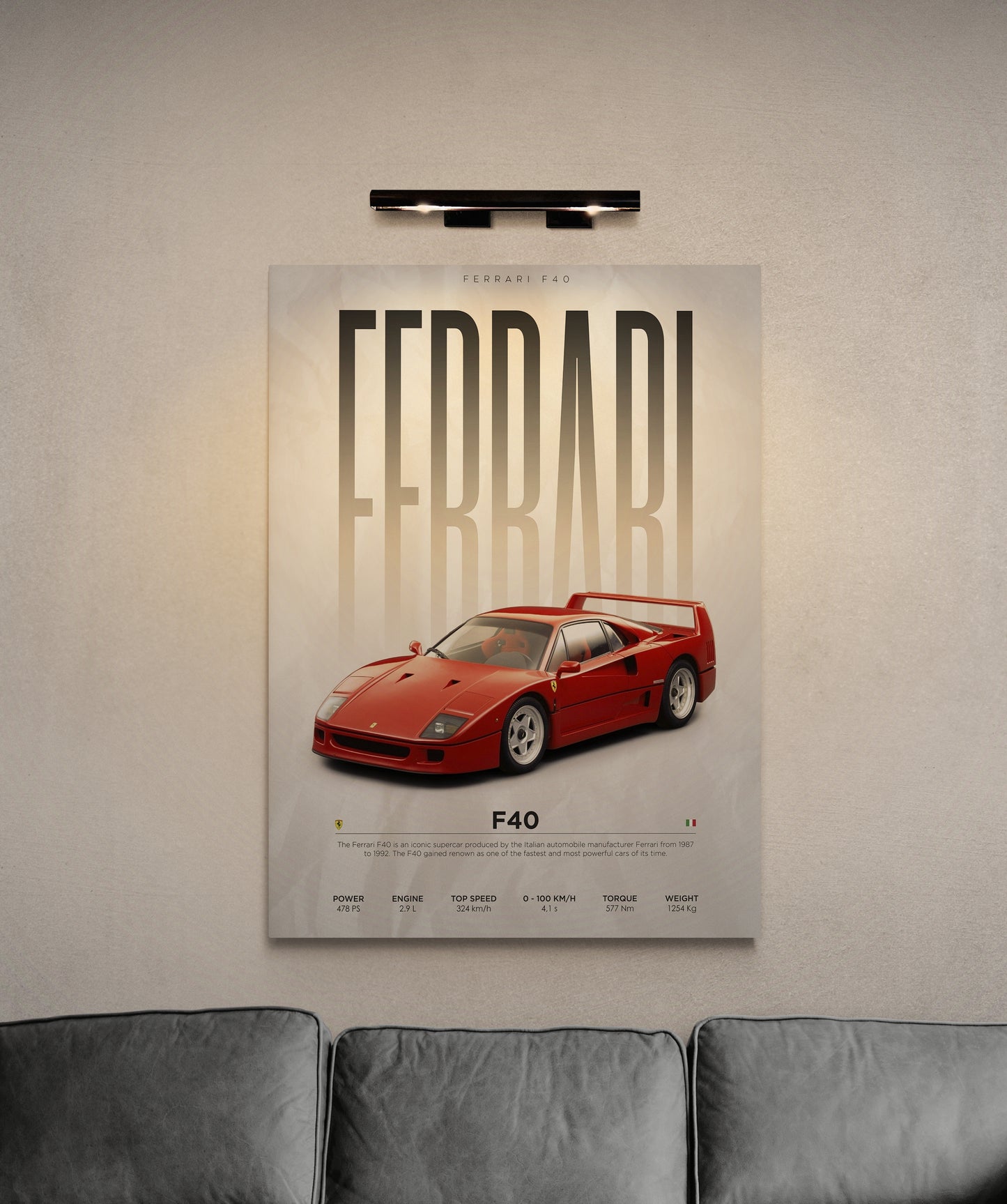 Discover small lounge ideas and interior decor near you at Essential Walls. Browse our collection of wall posters and wall art, including living room art featuring iconic models like the F40 Ferrari. Explore now for Ferrari price in India and elevate your home decor.