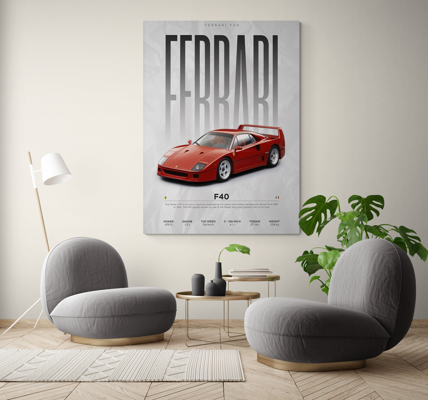 Enhance your space with the Ferrari F40 canvas from Essential Walls. Featuring this iconic sports car, our canvas is the perfect blend of art and automotive excellence. Explore now for Ferrari car price, super cars, and art for poster enthusiasts. Ideal for wall posters design in small sitting room ideas. Shop today