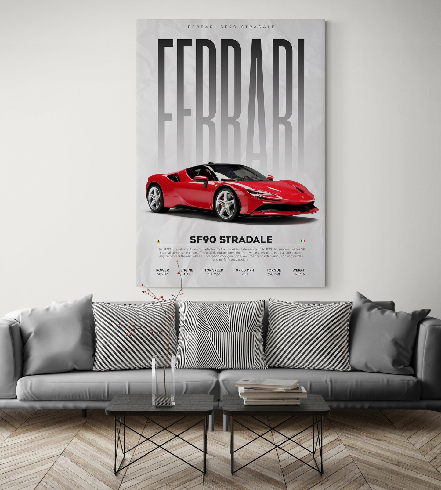 Transform your space with our abstract art, modern art, and line art canvas collection, perfect for enhancing your living room and home interior. Explore stunning house decor ideas with the Ferrari sf 90 poster at Essential Walls.