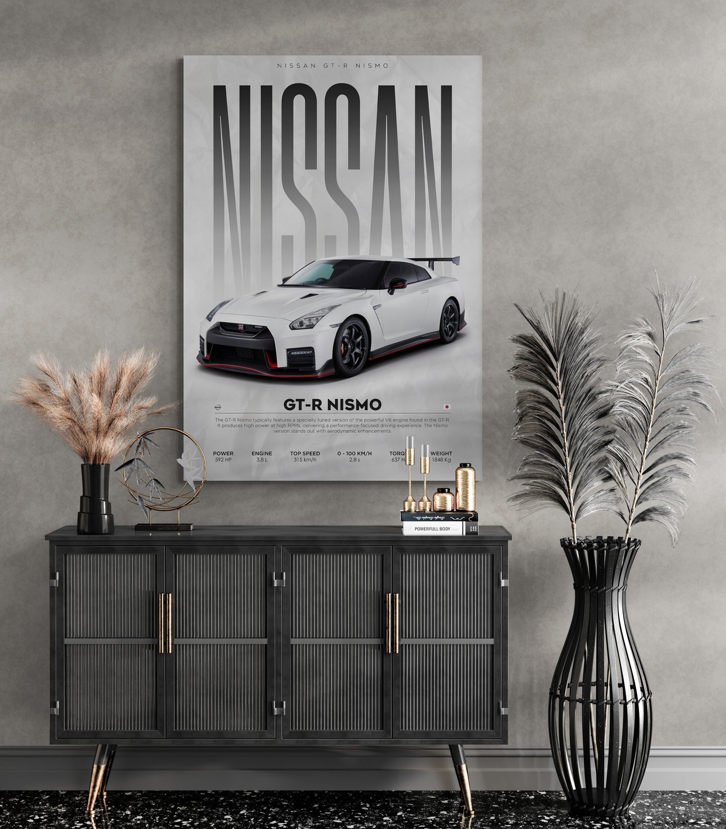 Enhance your wall art for office with a stunning Nissan GTR poster. Featuring the iconic GTR R35, this dream car poster is perfect for any GTR car enthusiast at Essential Walls.