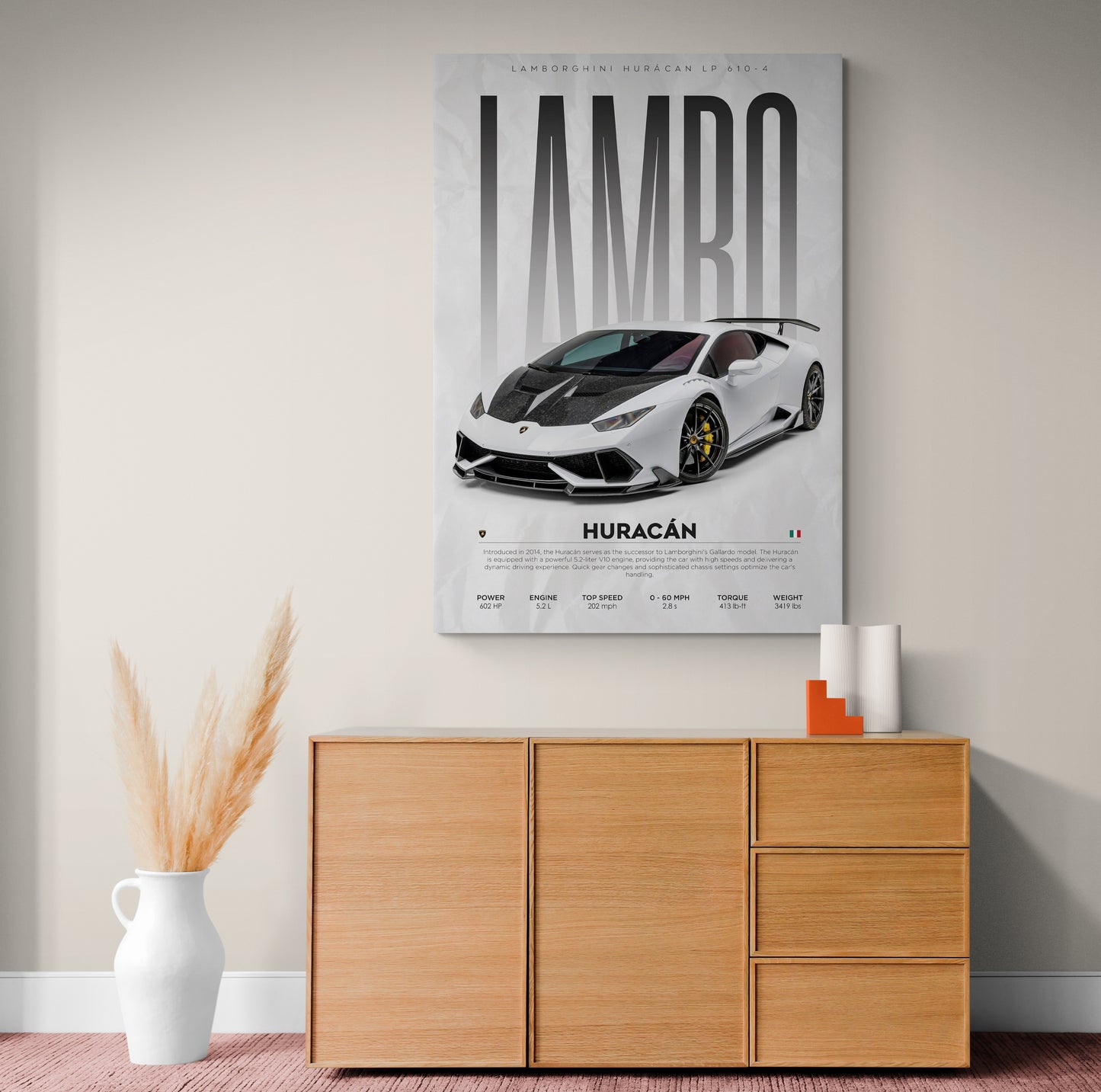 Explore the allure of the 2023 Lambo Huracan and Huracán Evo poster in our decorative art collection. Elevate your interior wall design with captivating posters and canvas featuring the latest Lamborghini designs. Discover the perfect fusion of decor and art, adding a touch of luxury to your space. Find inspiration for your interior design with Essential Walls.