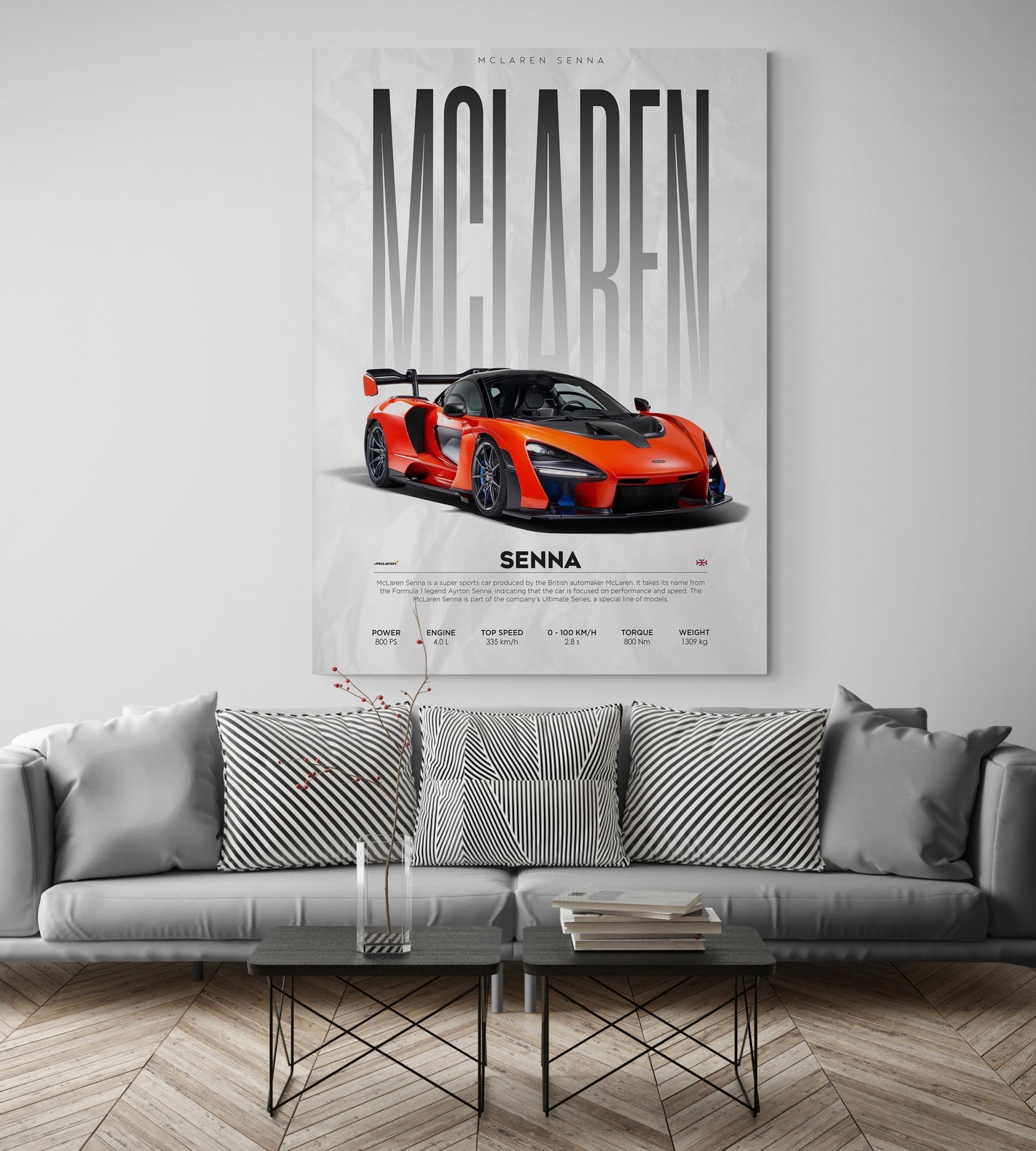 Enhance your living room interior design with our captivating McLaren car logo wall painting. Immerse yourself in luxury and style with our MC Laren logo designs, perfect for adding a touch of elegance to your home decor. Explore our collection at Essential Walls today.
