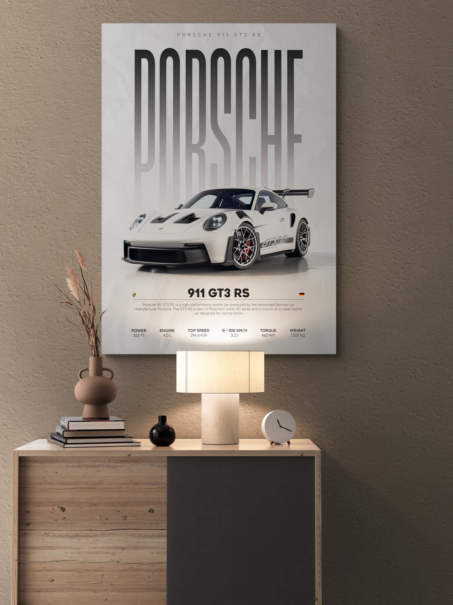 Elevate your lounge interior design with our colorful living room wall art and paintings, featuring the Porsche 911 GT3 RS. Discover the perfect addition to your living hall design with our selection of huge wall paintings for home at Essential Walls, your ultimate destination for wall art and paintings.