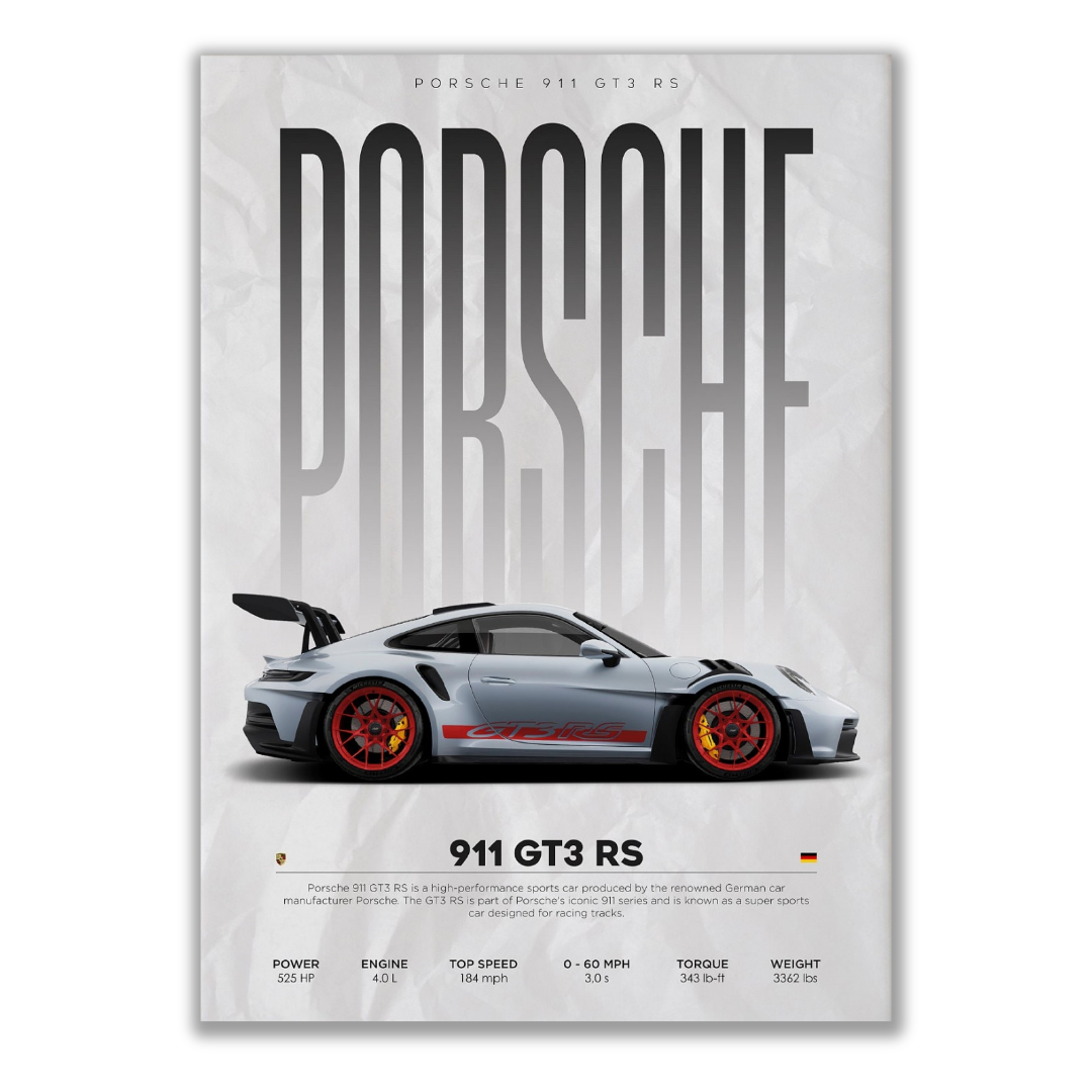 Explore the Porsche 911 GT3 RS canvas painting, perfect for Porsche car enthusiasts. Elevate your space with stunning Porsche 911 GT3 RS wallpaper canvases and wall painting at Essential Walls.