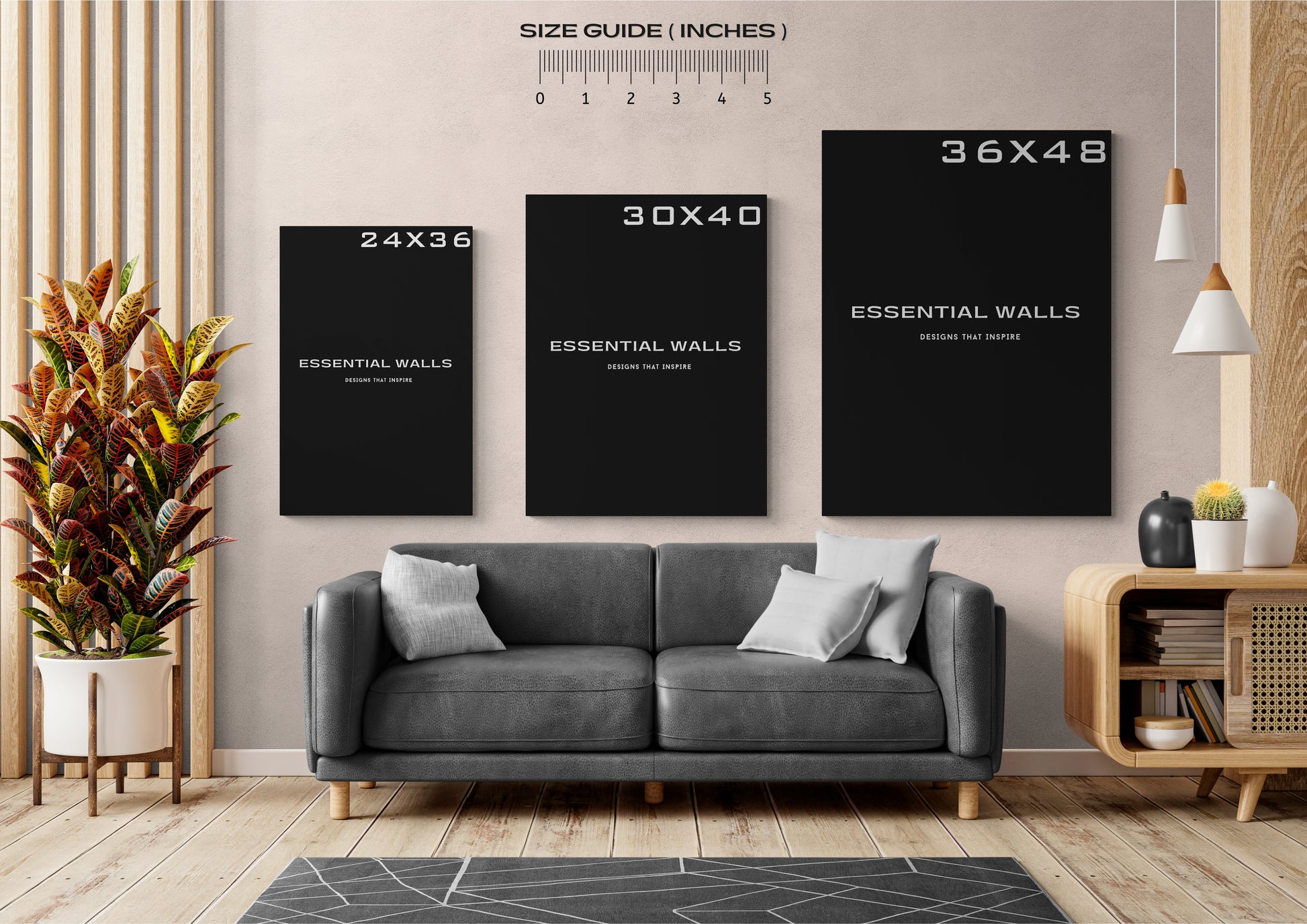 Explore our canvas size guide for the best living room, guest room setup. Find the perfect size for your space at Essential Walls.