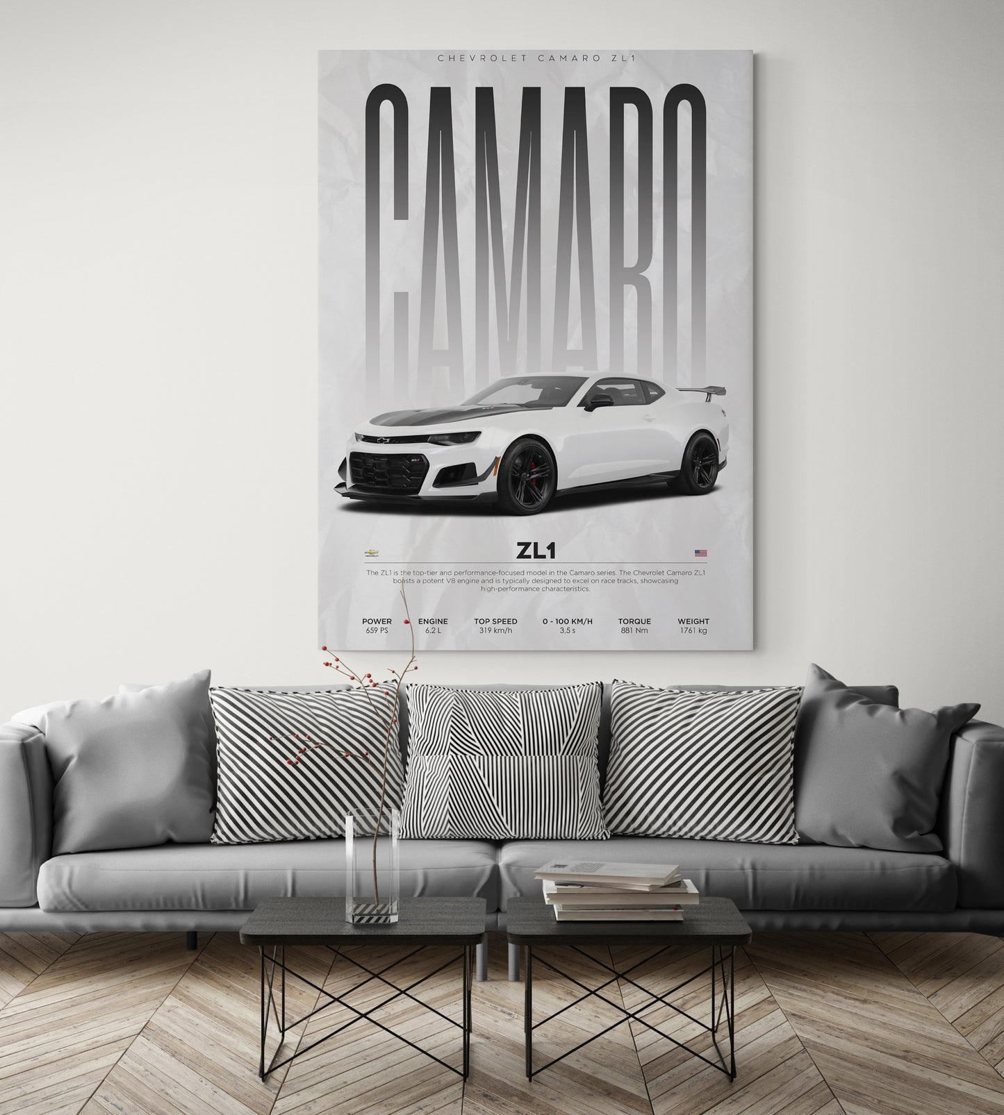 Explore modern home decor wall arts  with our captivating Chevrolet Camaro sport car poster. Discover picture art that adds flair to your living space. Hand-painted details bring the essence of speed and style to your walls. Find inspiration for garden decor ideas wall arts and more at our home goods stores wall art collection online at essential walls.