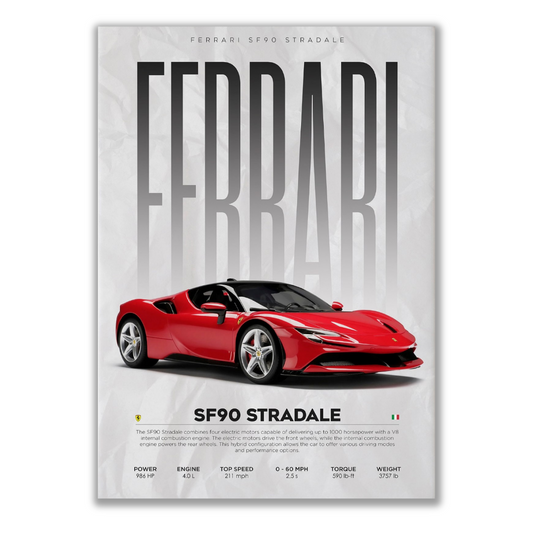 Explore our Ferrari SF 90 Stradale canvas, featuring the iconic SF 90 and Ferrari California. Perfect for enhancing your interior design by room and internal design of home. Elevate your space with our stunning posters.