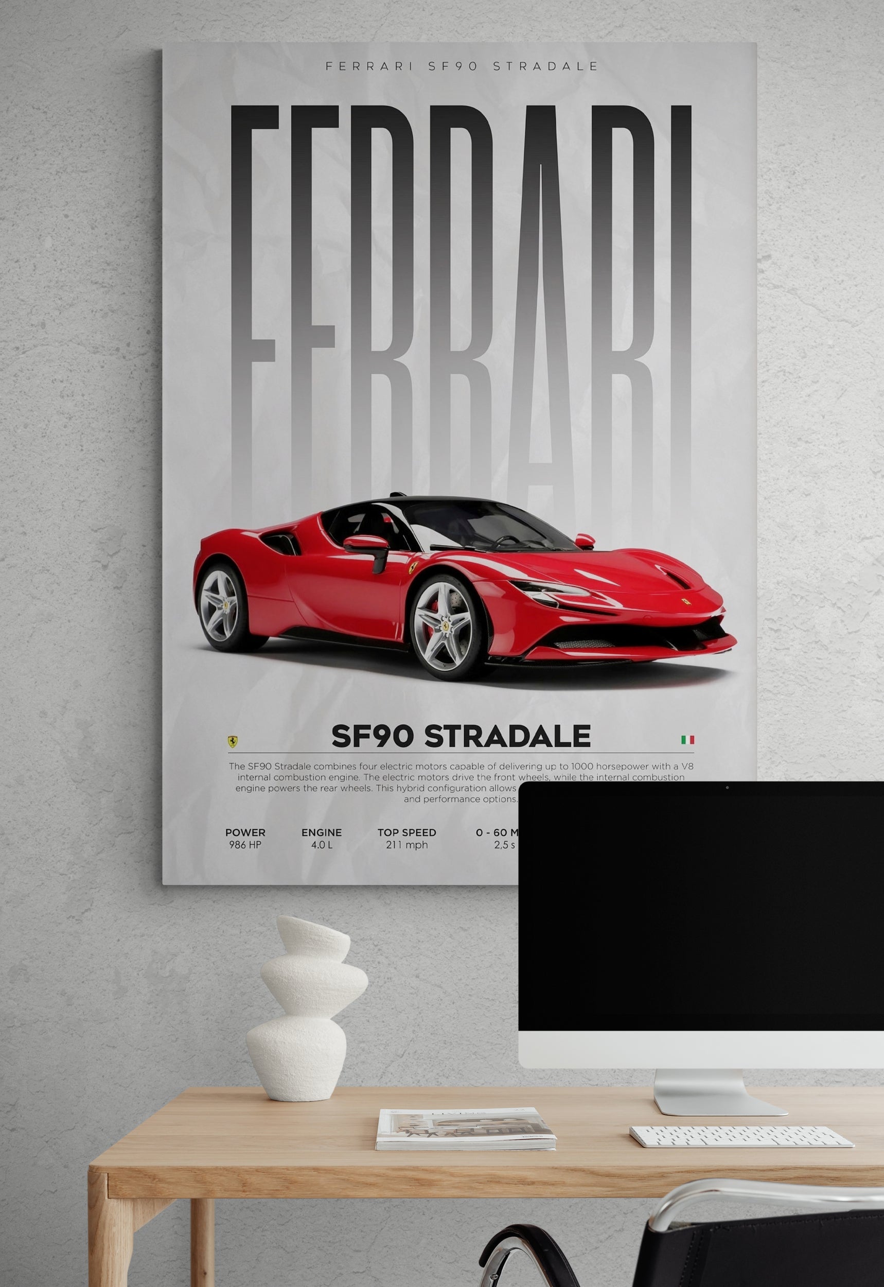 Enhance your living room interior design with our Ferrari SF 90 Stradale canvas, perfect for room decor ideas and interior decorating. Explore the allure of Ferrari cars black, including the best Ferrari cars and iconic moments like Ferrari at Le Mans, at Essential Walls.