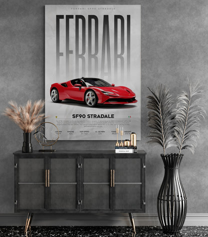 Elevate your house interior design with our Ferrari SF 90 Stradale canvas, a fine art piece blending digital art and modern art. Explore innovative design ideas for your space with Essential Walls' captivating collection.