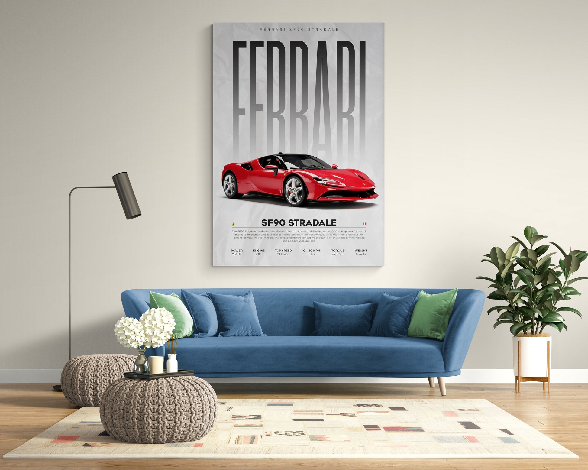 Elevate your space with our Ferrari Sf90 Stradale fine artwork featuring cars painting, perfect for interior design ideas and living room design ideas. Explore the intersection of art and painting with Essential Walls' stunning collection.