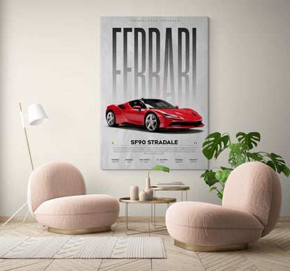 Enhance your living room with our Ferrari SF 90 Stradale canvas, a stunning piece of painting art. Explore different types of art and decorating ideas to elevate your living room with Essential Walls' interior design for home.