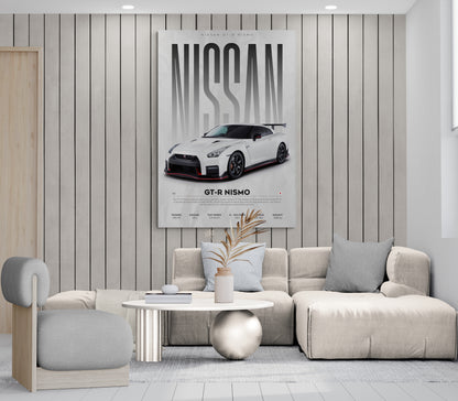 Explore living room ideas and office wall design with a Nissan GTR R35 canvas. Perfect for desk decor ideas, featuring the iconic Nissan R 35 at Essential Walls.