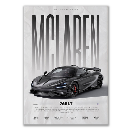 Stunning canvas and poster for the McLaren 765LT, embodying its elegance and power. Featuring elements of McLaren motors and accessories, this artwork is a tribute to automotive excellence curated by Oscar Piastri at Essential Walls.