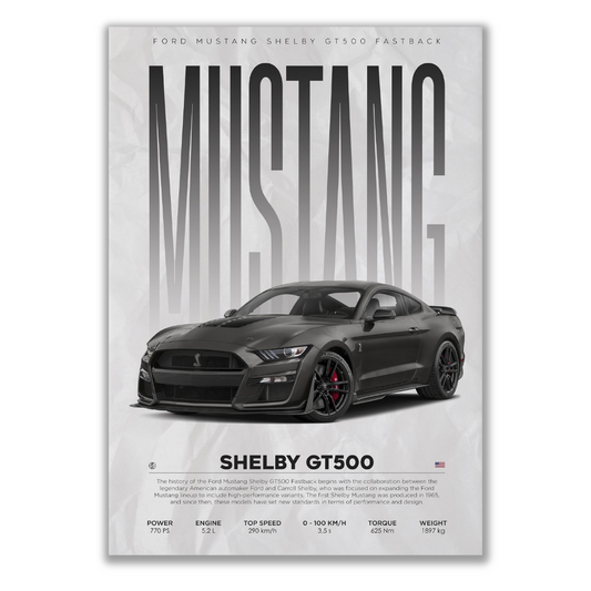 Explore our stunning Mustang Shelby GT500 canvas, perfect for car enthusiasts and art lovers alike. Enhance your living space with this exquisite piece of cars artwork. Shop now for the best of the best poster at Essential Walls, and elevate your house interior decoration with our top-quality prints.