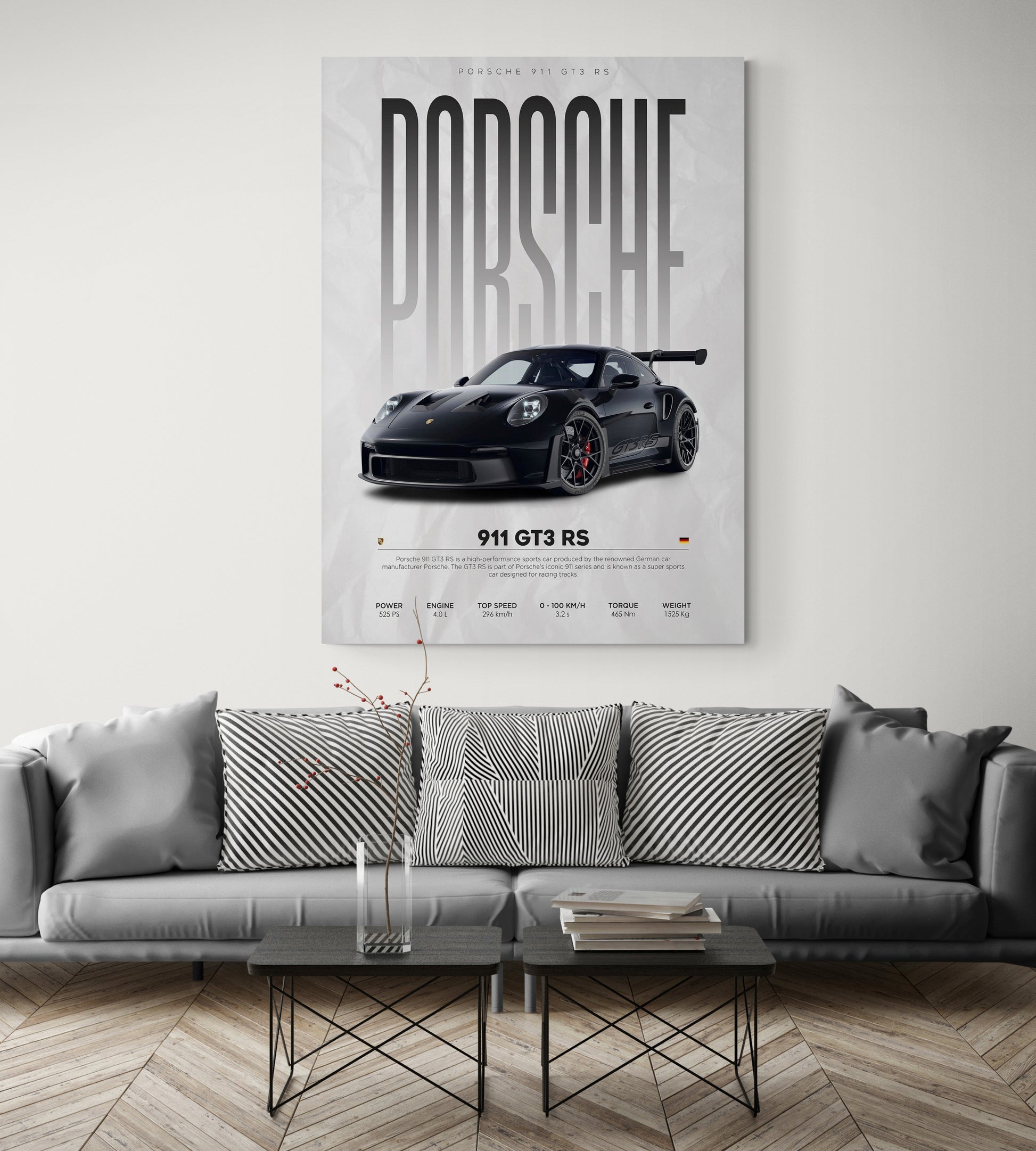 Enhance your living space with stylish wall design ideas and room decor ideas featuring prints art from Essential Walls. Explore our collection and unleash your creativity with our poster editor. Elevate your interior with graphic design posters and bring your vision to life with Porsche 911 GT3 RS Canvas by Essential Walls."