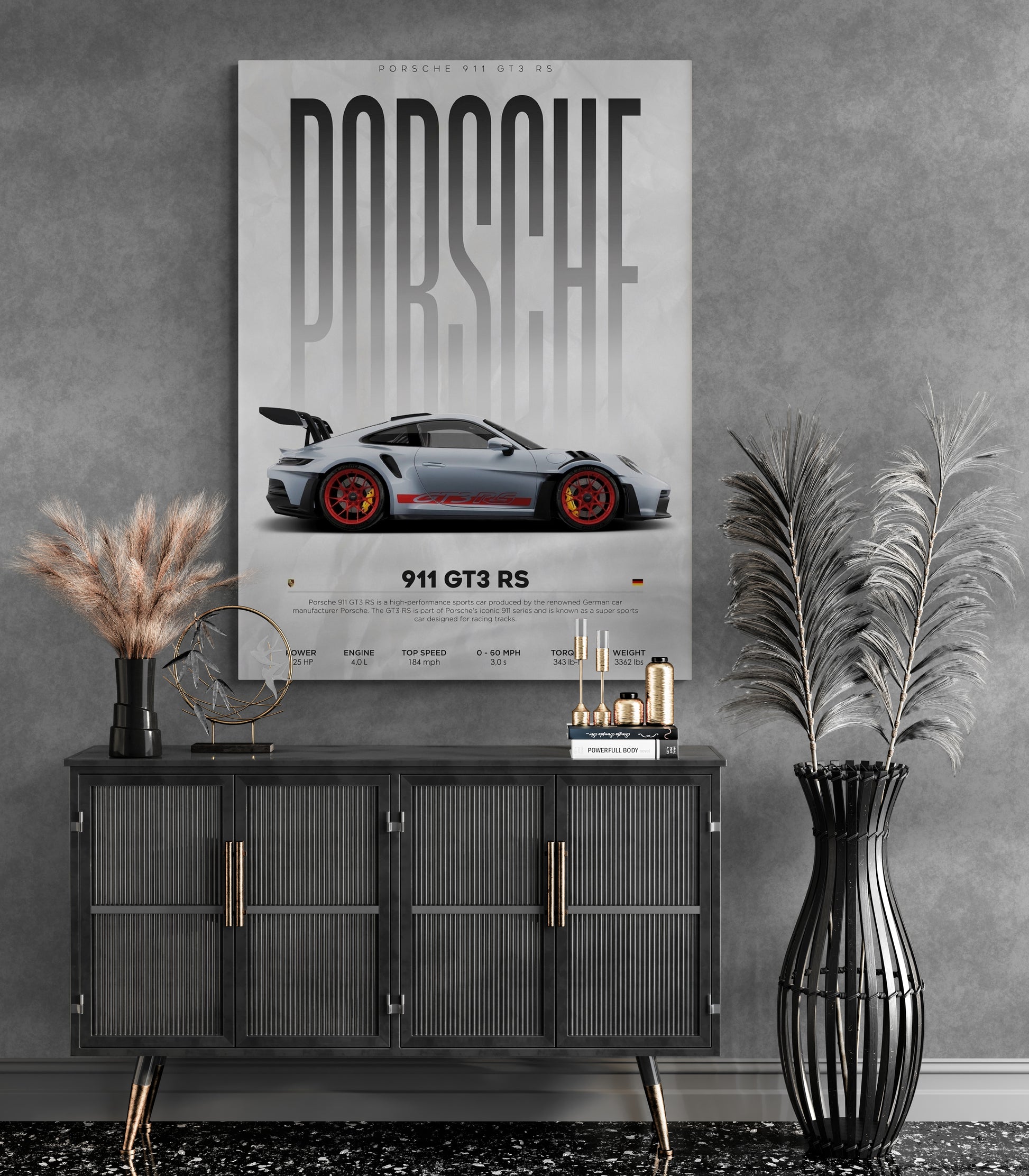 Discover decorating ideas with Porsche GT3 RS artwork for walls. Elevate your space with stunning painting for home at Essential Walls. Explore our collection and find your ideal artwork for walls.