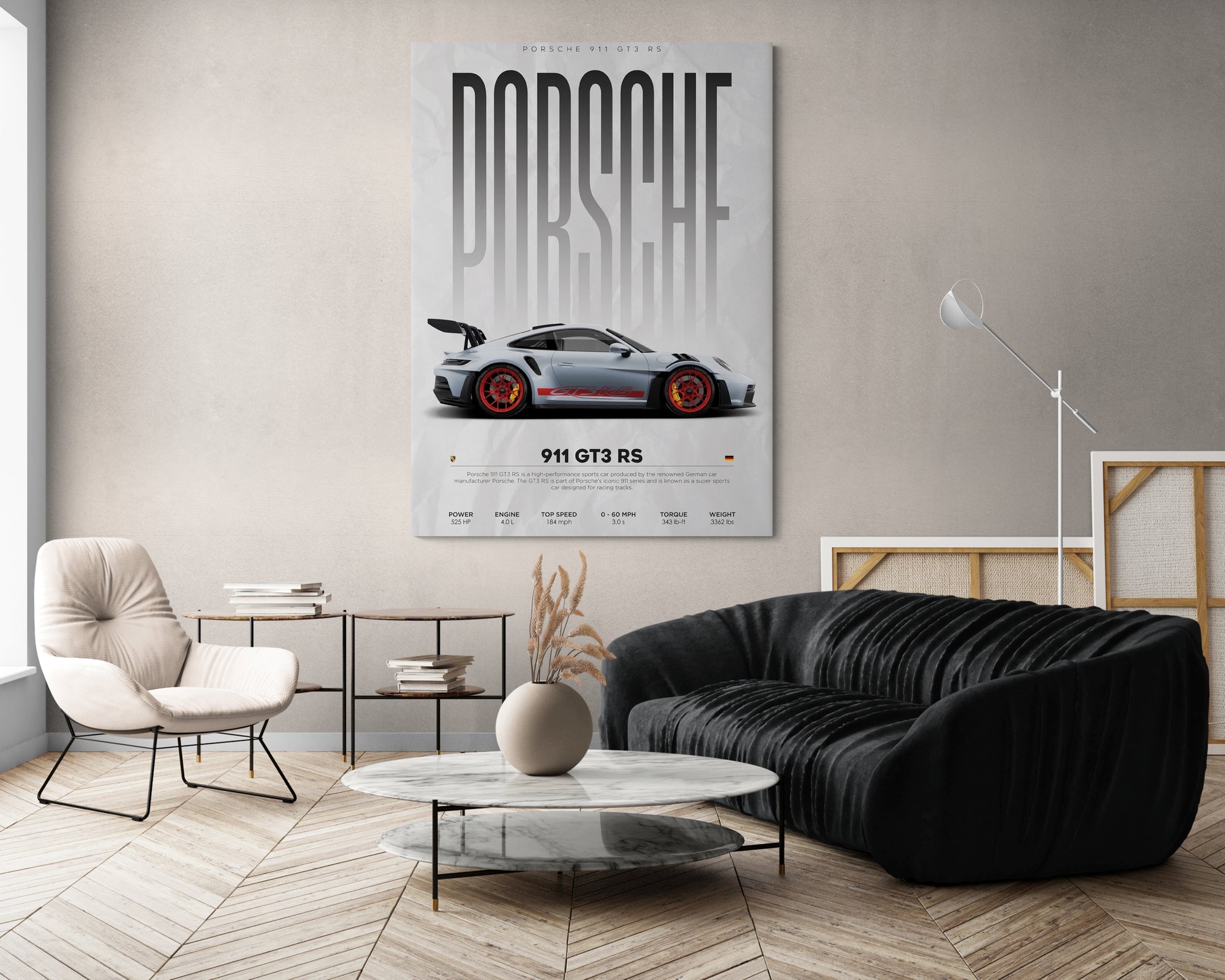 Explore decorating ideas with Porsche 911 GT3 wallpaper canvases and GT3 RS canvas painting. Perfect for adding flair to your space at Essential Walls.