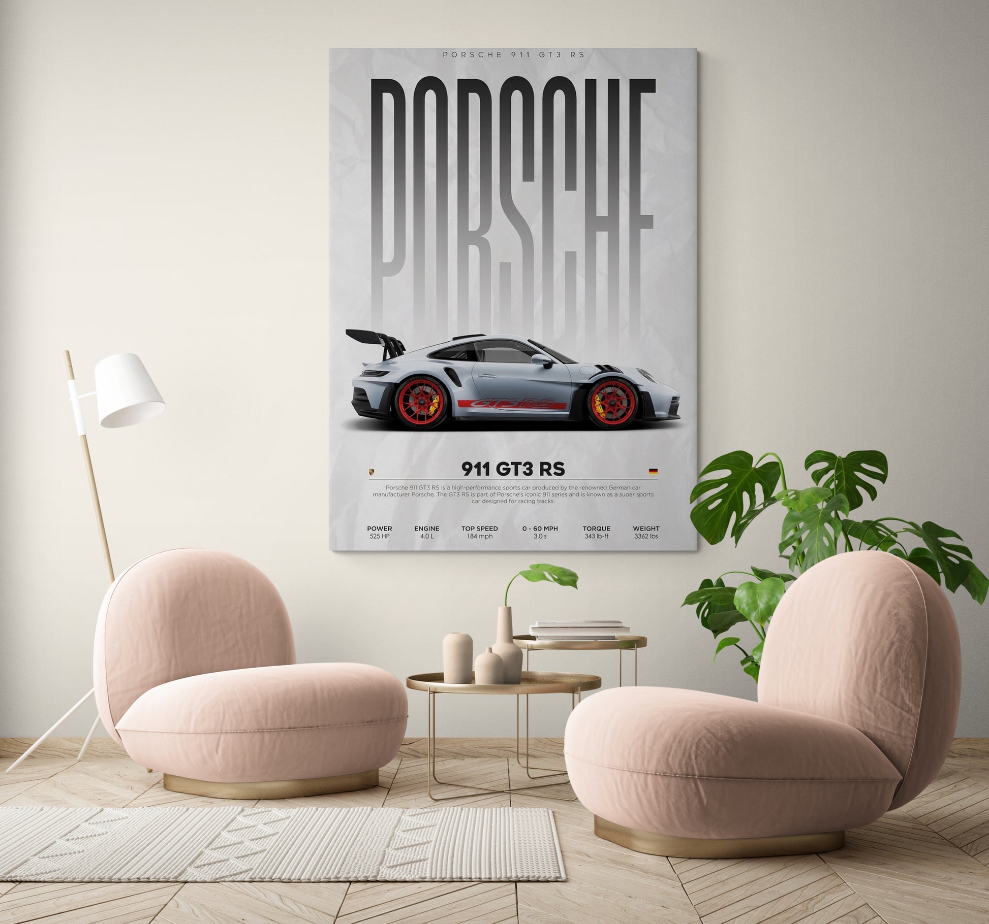 Enhance your living room interior with stunning Porsche GT canvas painting. Explore our collection featuring Porsche GT and GT3 RS canvases at Essential Walls.